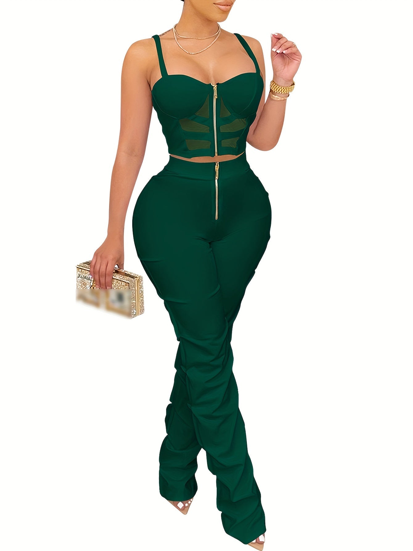 PORRCEY Sexy Solid Color Party Pantsuits, Zipper Front Slim Crop Cami Top & High Waist Ruched Pants Outfits, Women'S Clothing